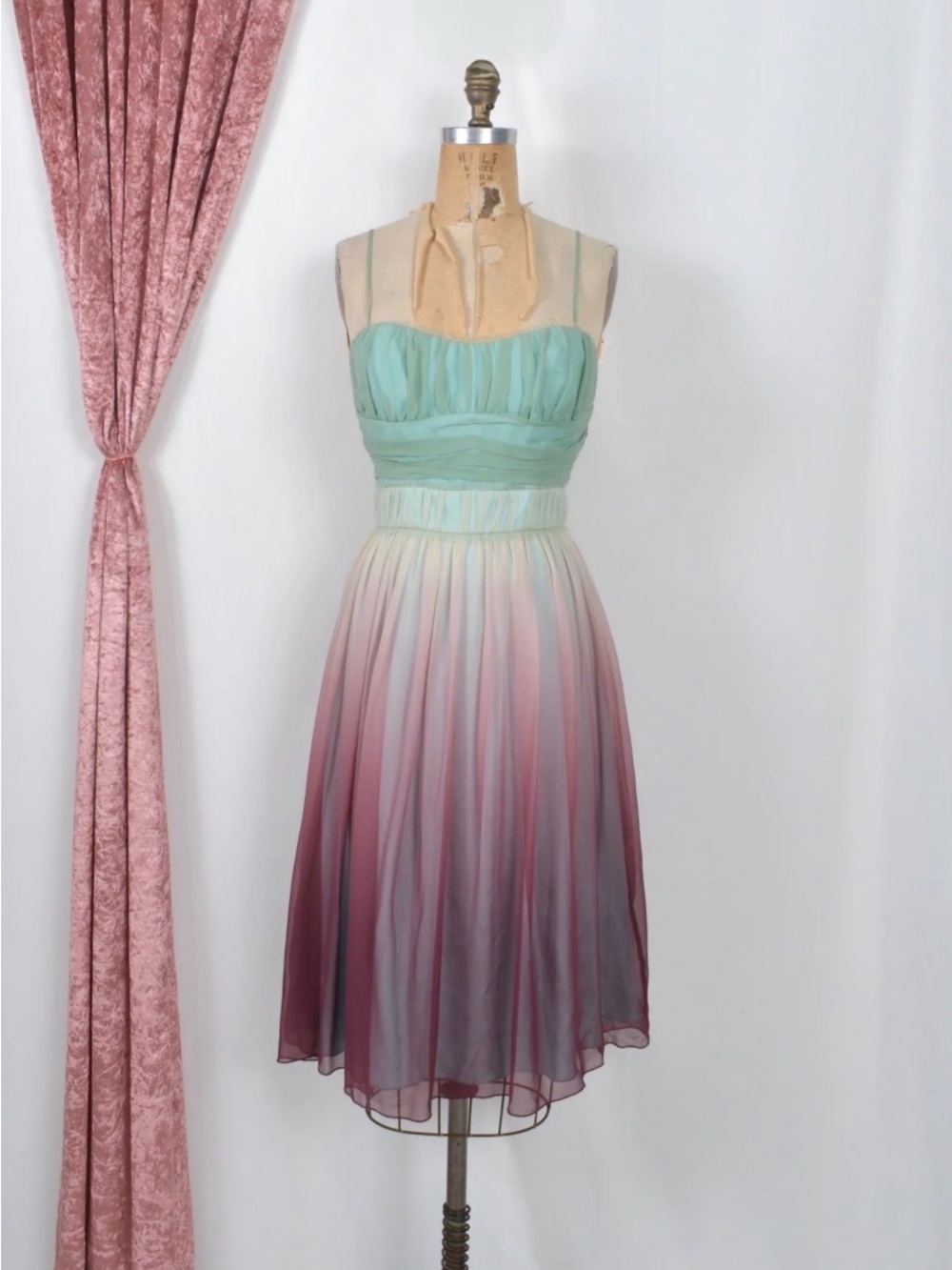 ABS Allen Schwartz Mint to Burgundy Ombre Strapless Silk Dress